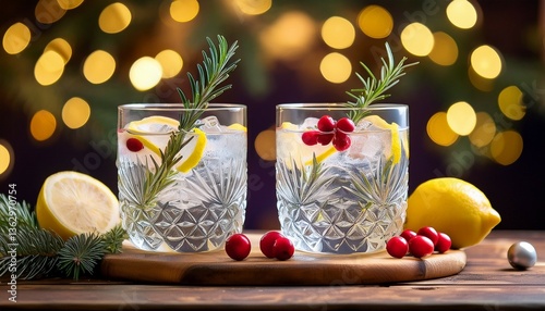 two crystal glasses of gin and tonic with lemon and rosemary garnishes ice cranberries and fir branches on a wooden board against a bokeh background