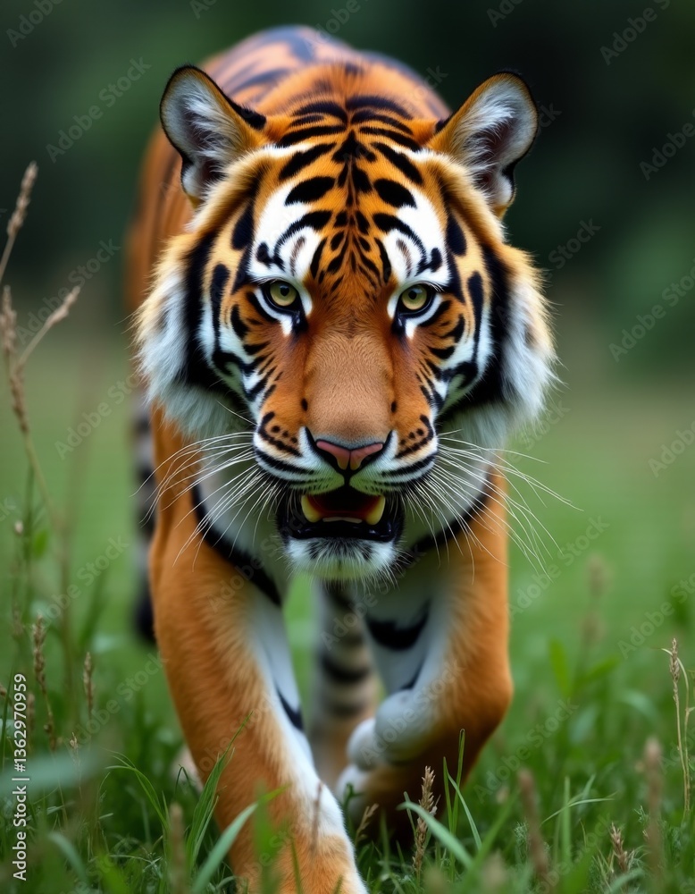 Obraz premium A close up of a tiger walking through the grass