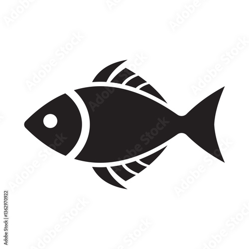Black silhouette of a fish icon, representing seafood, fishing, marine life, or aquatic themes. Ideal for food industry, restaurants, pet shops, nature conservation, and fishery businesses.