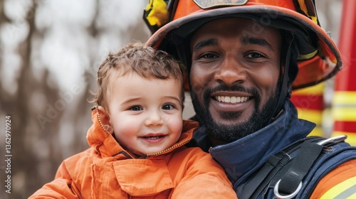 Disaster response team Concept, Brave firefighter carries child to safety during emergency response and demonstrates heroism in action