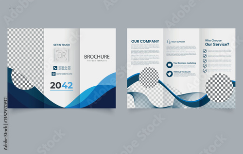 Trifold brochure template with blue waves. Vector illustration. Trifold Print Ready Brochure Editable image.