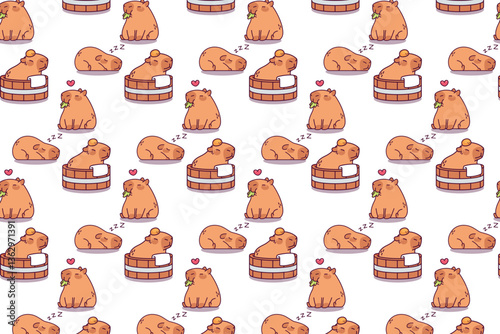 Seamless pattern of cute capybaras in a hot tub, sleeping, and eating. Perfect for fabric, wallpaper, and digital designs with a cozy, kawaii style.