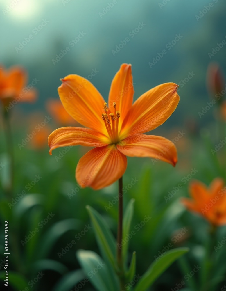 Fototapeta premium A single orange flower in the middle of a field of flowers