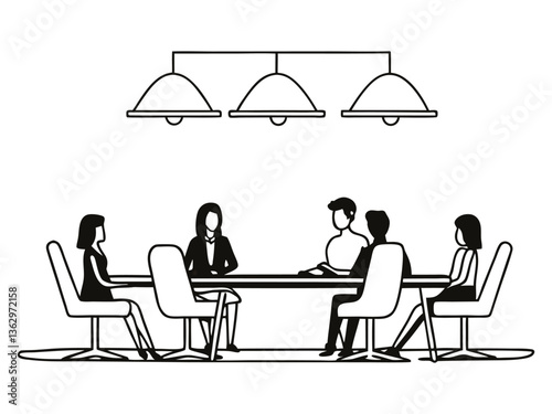 Business people in a meeting at the office, sitting around a table, using laptops and computers for team communication and presentation