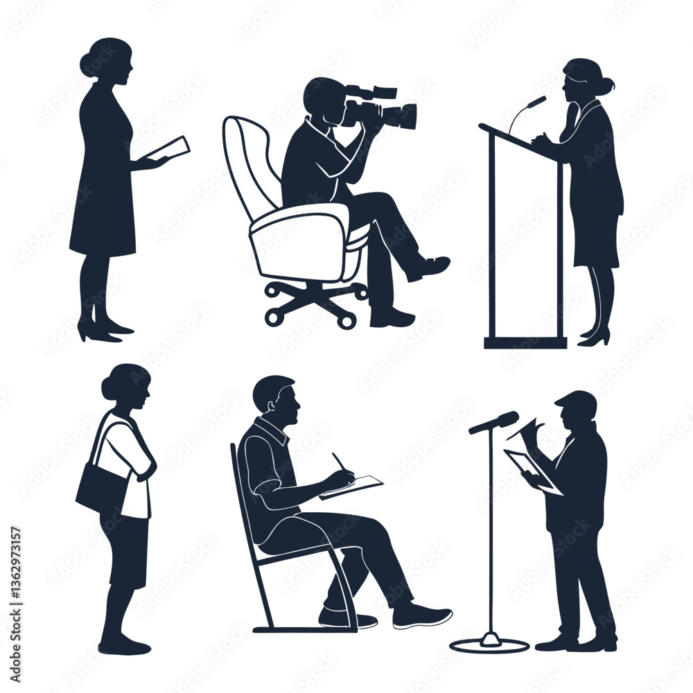 Obraz premium A vector silhouette of a business couple, possibly in a studio, represents a business person sitting at a table