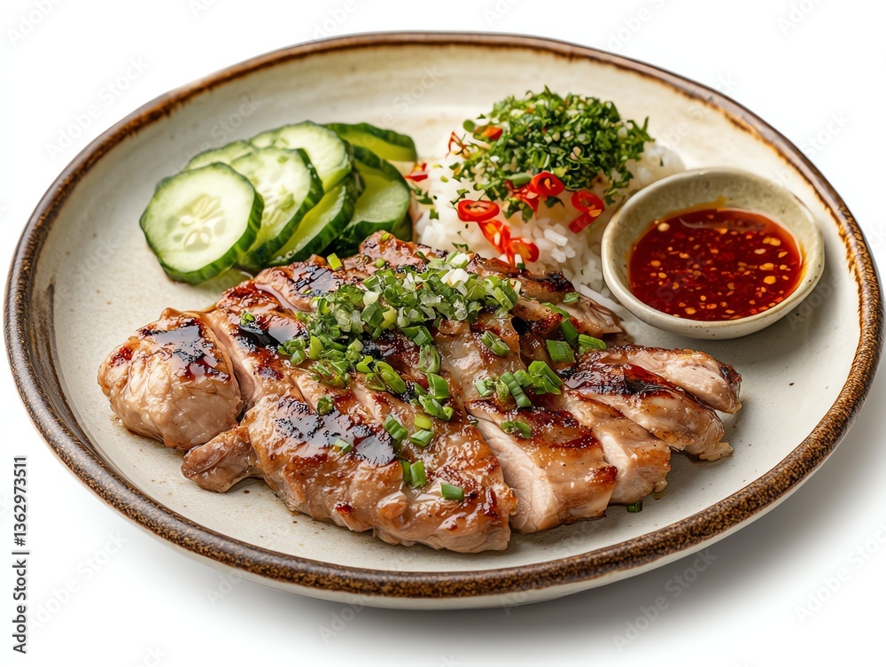 Grilled Pork with Rice Cucumber and Chili Sauce on Plate Grilled Pork with Rice Cucumber and Chili Sauce on Plate