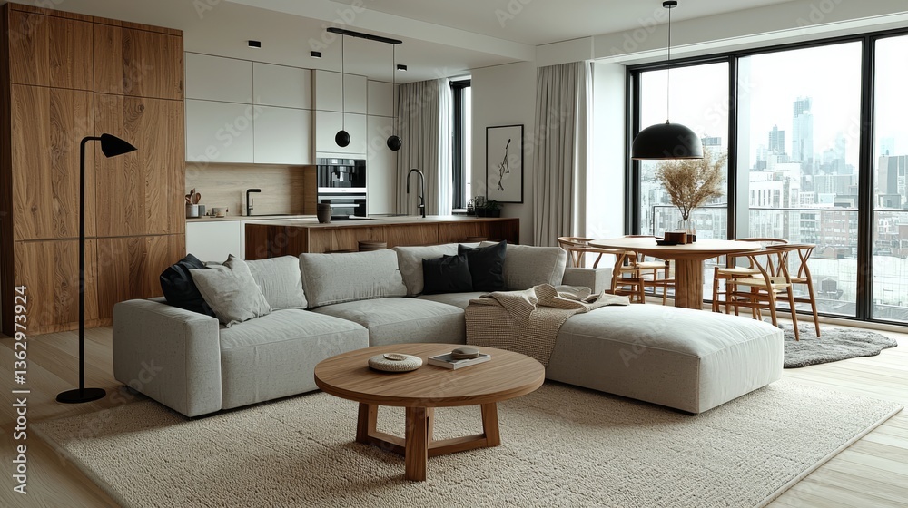 Fototapeta premium Serene and modern living space with open concept kitchen and city view