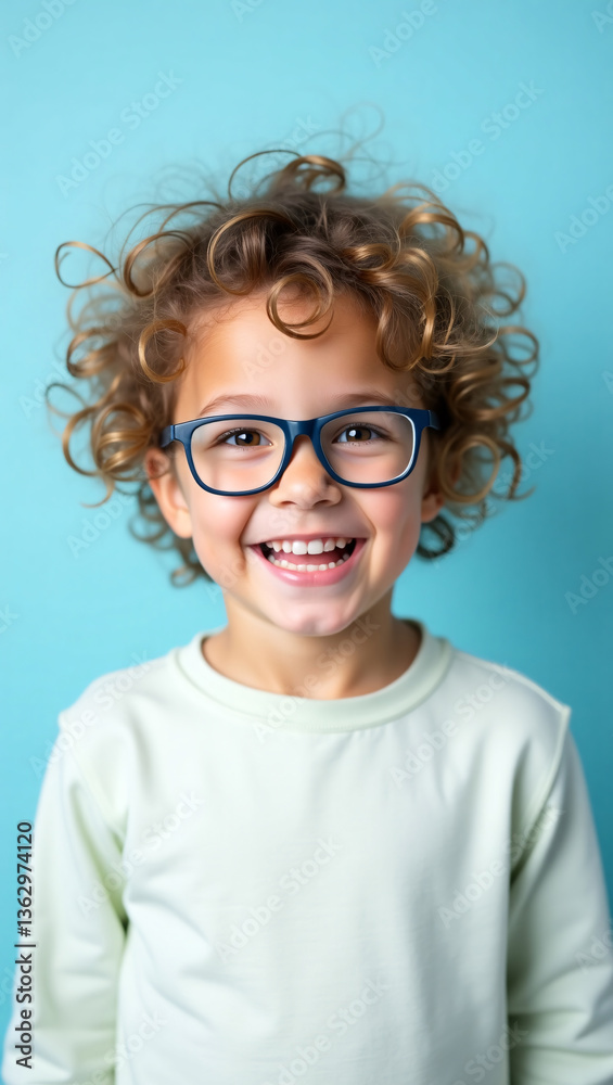 Fototapeta premium Smiling Child with Glasses on Blue Background