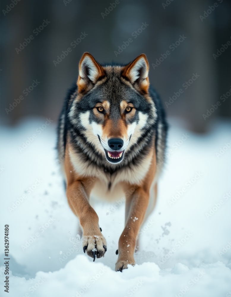 Naklejka premium A wolf running through the snow in the woods