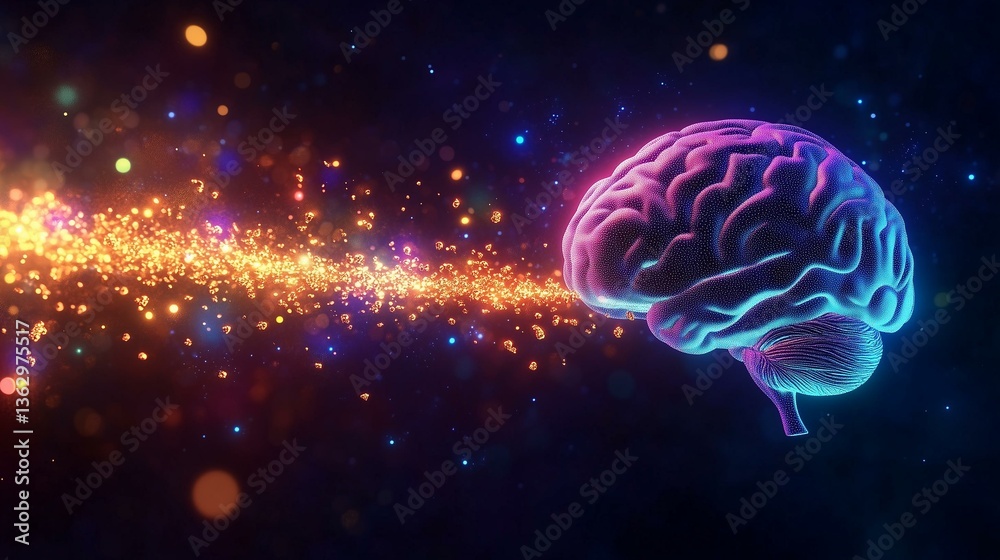 Glowing brain emitting vibrant particles in a cosmic setting Glowing brain emitting vibrant particles in a cosmic setting