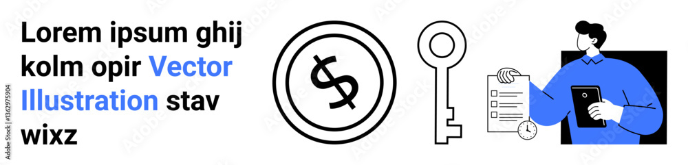 Dollar coin, key, and man reviewing documents on tablet device. Ideal for finance, success, business strategy, security, financial planning, investment and education abstract line flat metaphor Dollar coin, key, and man reviewing documents on tablet device. Ideal for finance, success, business strategy, security, financial planning, investment and education abstract line flat metaphor