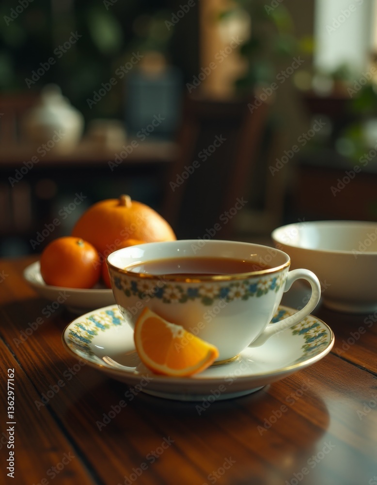 Fototapeta premium A cup of tea sitting on top of a wooden table