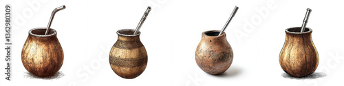Obraz na płótnie Traditional mate gourds with metal straws showcase unique craftsmanship and cultural significance. These handcrafted vessels are perfect w salonie
