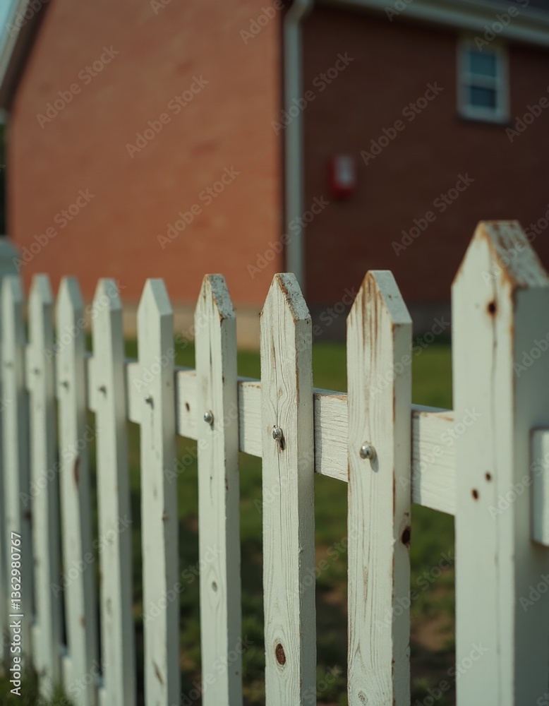A white picket fence in front of a red house A white picket fence in front of a red house