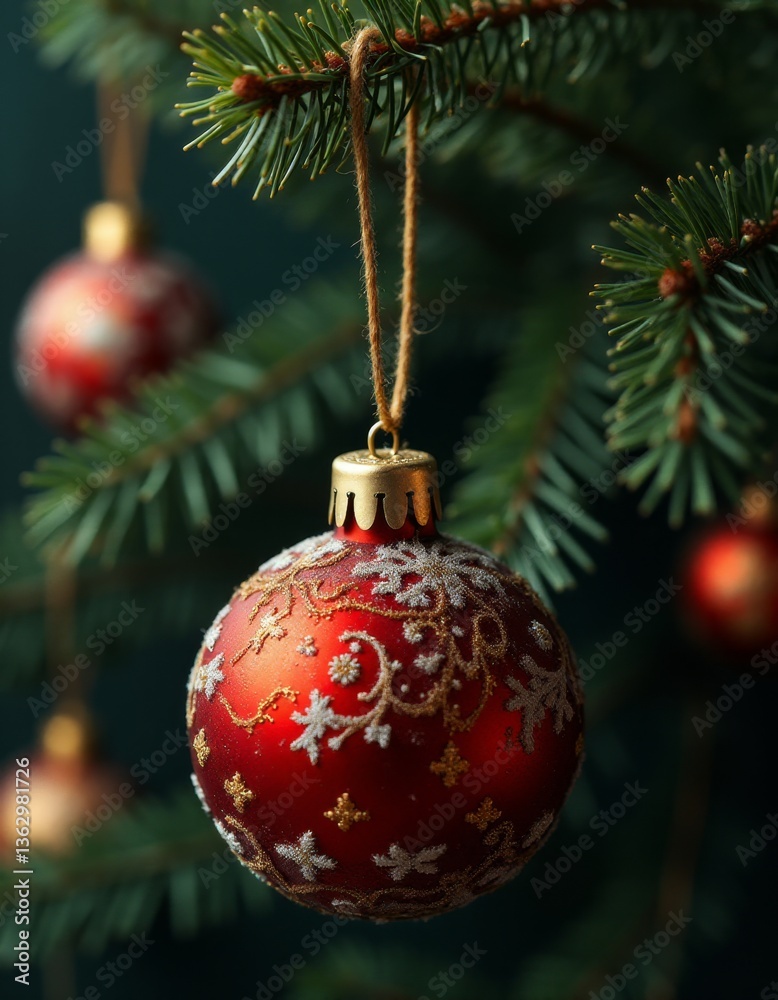 A red and gold ornament hanging from a christmas tree A red and gold ornament hanging from a christmas tree