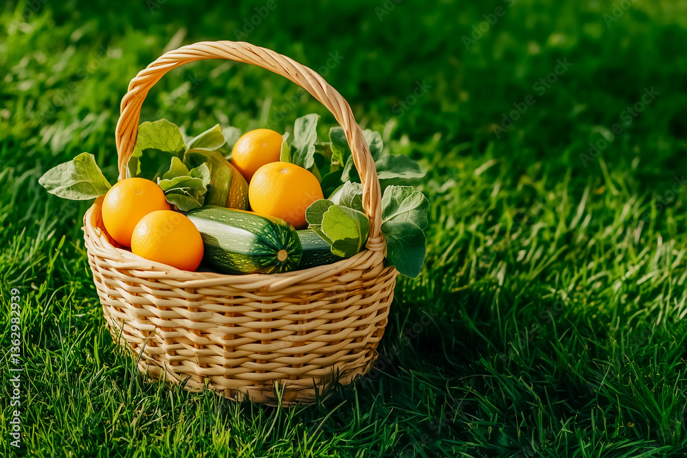 Wicker basket filled with oranges and zucchinis resting on lush green grass. Sunlit setting conveys a fresh, organic theme. Concept of healthy eating, organic farming, home gardening Wicker basket filled with oranges and zucchinis resting on lush green grass. Sunlit setting conveys a fresh, organic theme. Concept of healthy eating, organic farming, home gardening