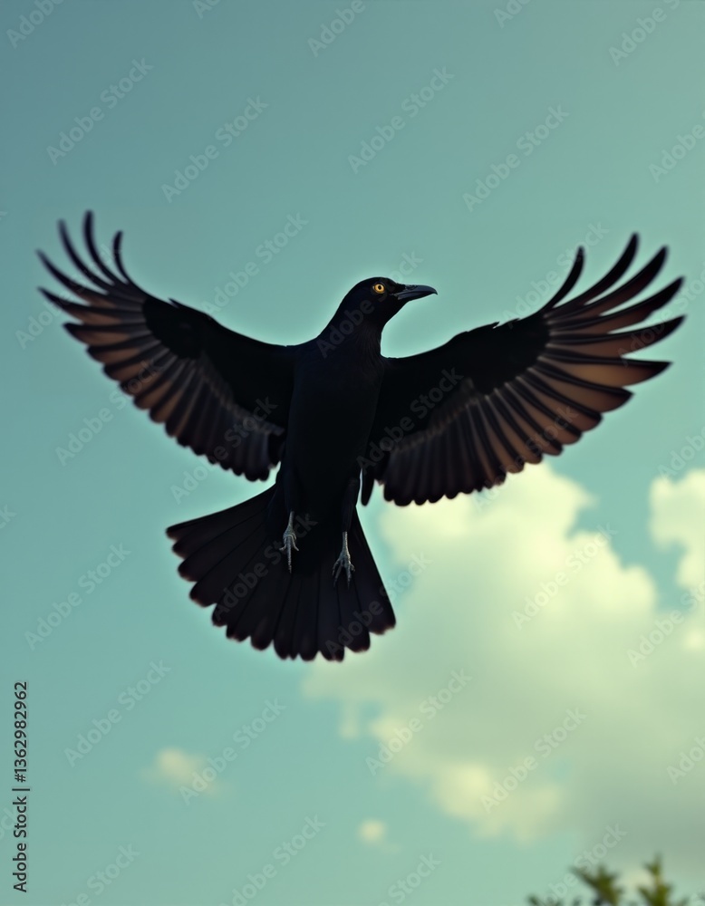 Naklejka premium A black bird flying through a blue sky with clouds