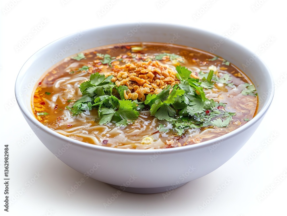 Serving Delicious Noodle Soup with Herbs in White Bowl on White Serving Delicious Noodle Soup with Herbs in White Bowl on White