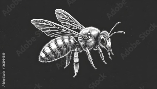 honey bee showcasing its wings, legs, and striped body in a realistic style sketch illustration. Black and white image. 