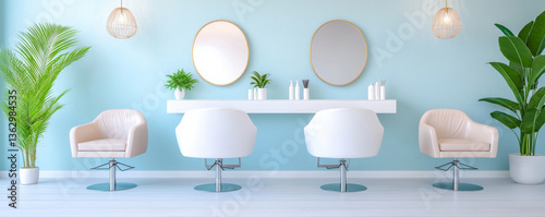 Modern Hair Salon Interior Pastel Blue Walls White Chairs Round Mirrors Plants Minimalist Design