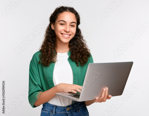young woman brunette curly with laptop Indoor positive teenage girl standing with  computer smiling at great content web on white background