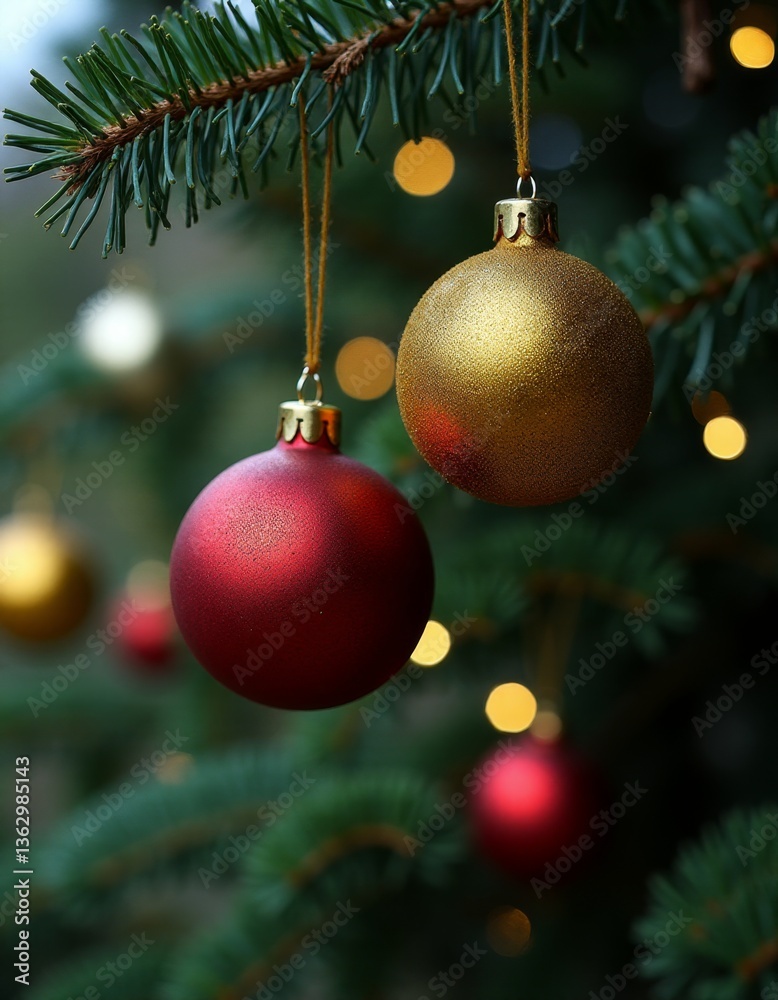 Fototapeta premium Two red and gold ornaments hanging from a christmas tree