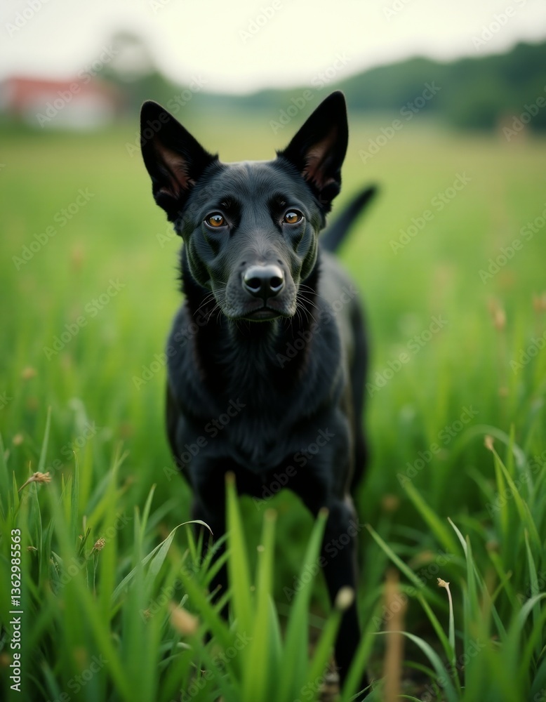 A black dog standing in a field of tall grass A black dog standing in a field of tall grass
