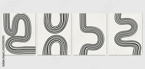  A set of three minimalist abstract line art prints featuring continuous curved black lines on a light beige background. This modern and elegant geometric design is perfect for contemporary home decor