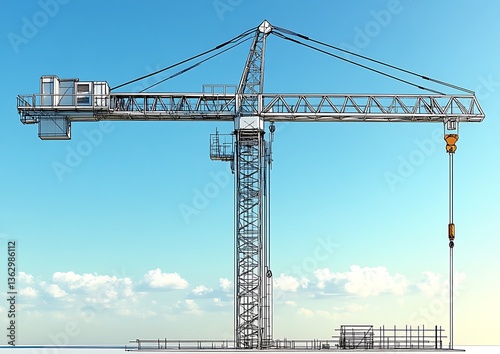 A towering construction crane rises high in the clear blue sky