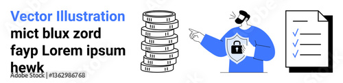Man pointing at a stack of coins and a checklist while wearing a shield with a lock. Ideal for finance, cybersecurity, data security, online safety, risk management, compliance, simple landing page