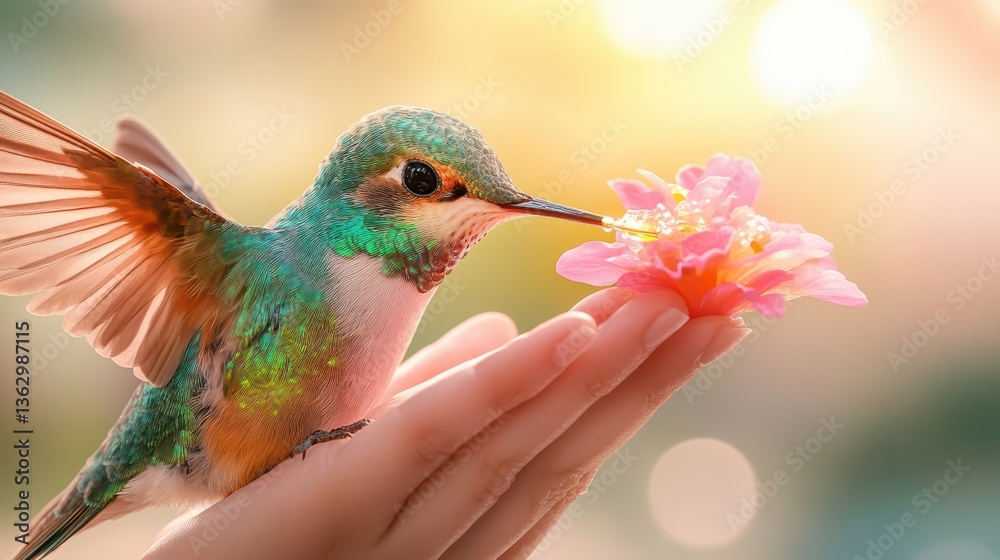 Naklejka premium Delicate hummingbird resting on a hand feeding from a pink flower in a soft, gentle and ethereal setting.