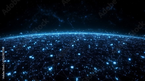 A mesmerizing view of a futuristic digital landscape with glowing blue nodes interconnected in a vast, starry expanse