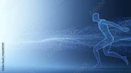 A futuristic human figure composed of blue particles running towards a bright light