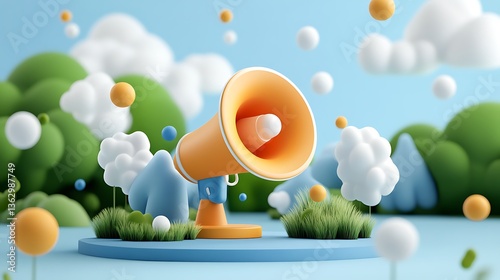 3D Render: Cheerful Megaphone in a Dreamy Landscape AI Generated