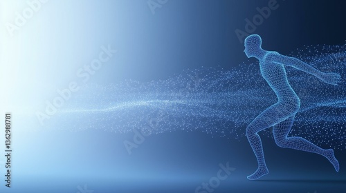 Futuristic human figure composed of particles running with a glowing trail in a dark background