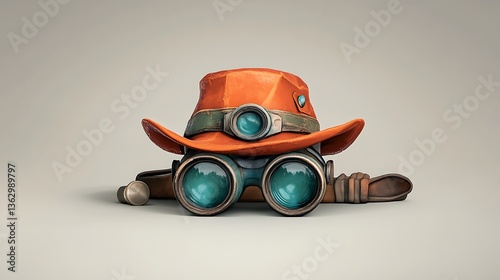Adventure Awaits: 3D Render of Explorer's Hat and Binoculars AI Generated