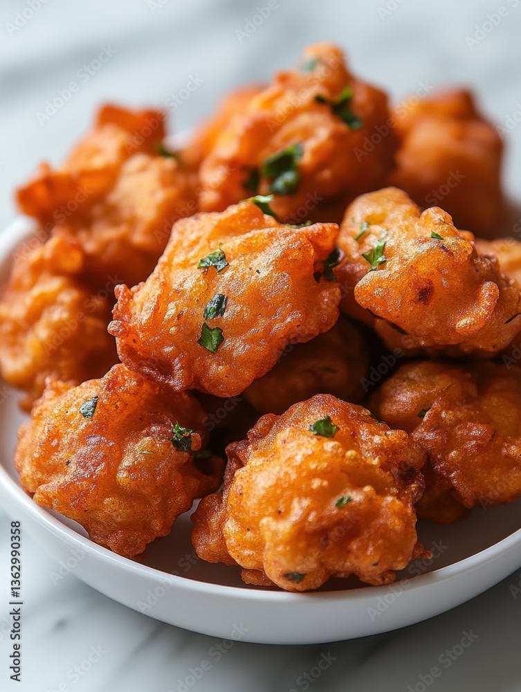 Delicious golden brown fritters adorned with fresh parsley in a white bowl on a marble surface culinary delight Delicious golden brown fritters adorned with fresh parsley in a white bowl on a marble surface culinary delight