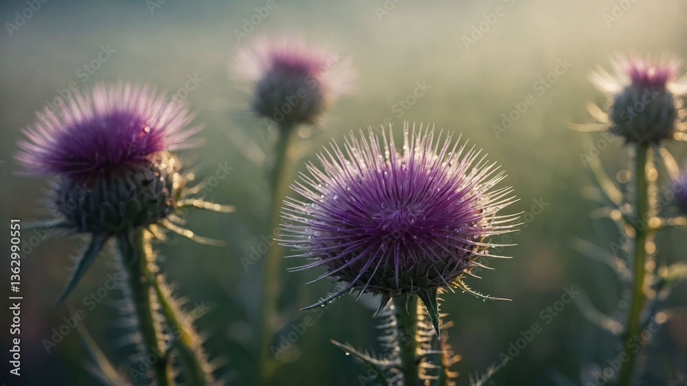 Close-up of thistle flowers with a soft, blurred background in natural light. Close-up of thistle flowers with a soft, blurred background in natural light.