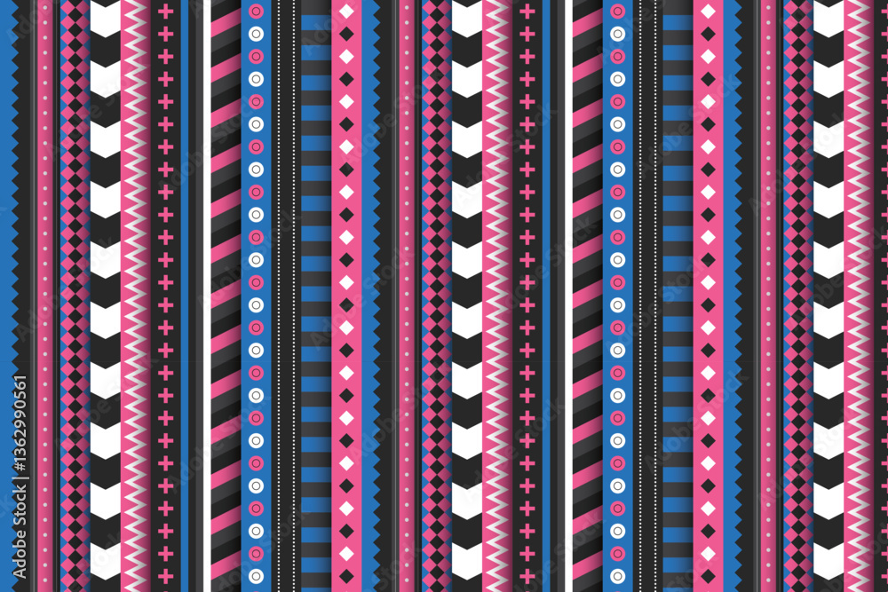 Striped seamless pattern in pink, blue, and black with intricate details. Ideal for fashion, textiles, and bold decorative designs. Striped seamless pattern in pink, blue, and black with intricate details. Ideal for fashion, textiles, and bold decorative designs.