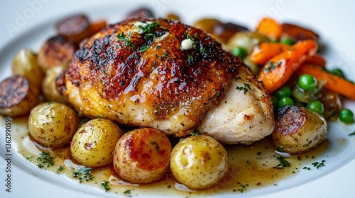 Roasted chicken supreme with golden potatoes and glazed carrots for gourmet eating