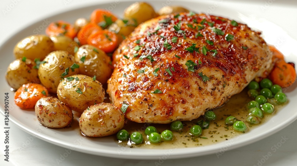 Elegant Plate with Roasted Chicken Breast, Baby Potatoes and Fresh Vegetables Elegant Plate with Roasted Chicken Breast, Baby Potatoes and Fresh Vegetables