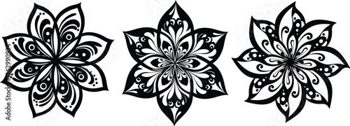 Three detailed black and white flower mandalas