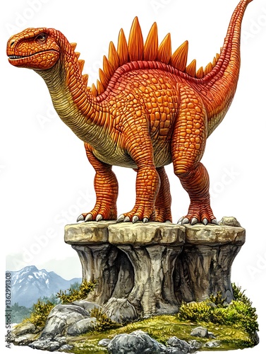 A Colorful Illustration of a Dinosaur Standing on a Rocky Outcrop