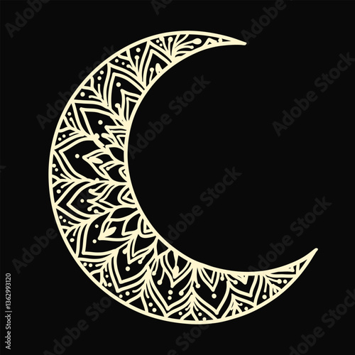 Golden Crescent Moon Mandala Design with black background