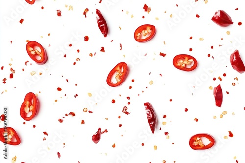 Scattered red chili pepper slices and flakes on white background.