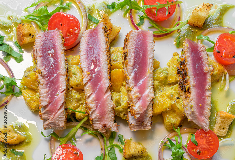 tuna steak on orange salad with pistachios and toasted bread