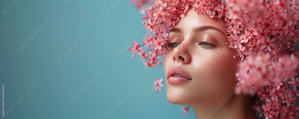 A serene portrait of a woman adorned with delicate pink flowers in her hair, embodying beauty and tranquility against a soft blue backdrop. A serene portrait of a woman adorned with delicate pink flowers in her hair, embodying beauty and tranquility against a soft blue backdrop.