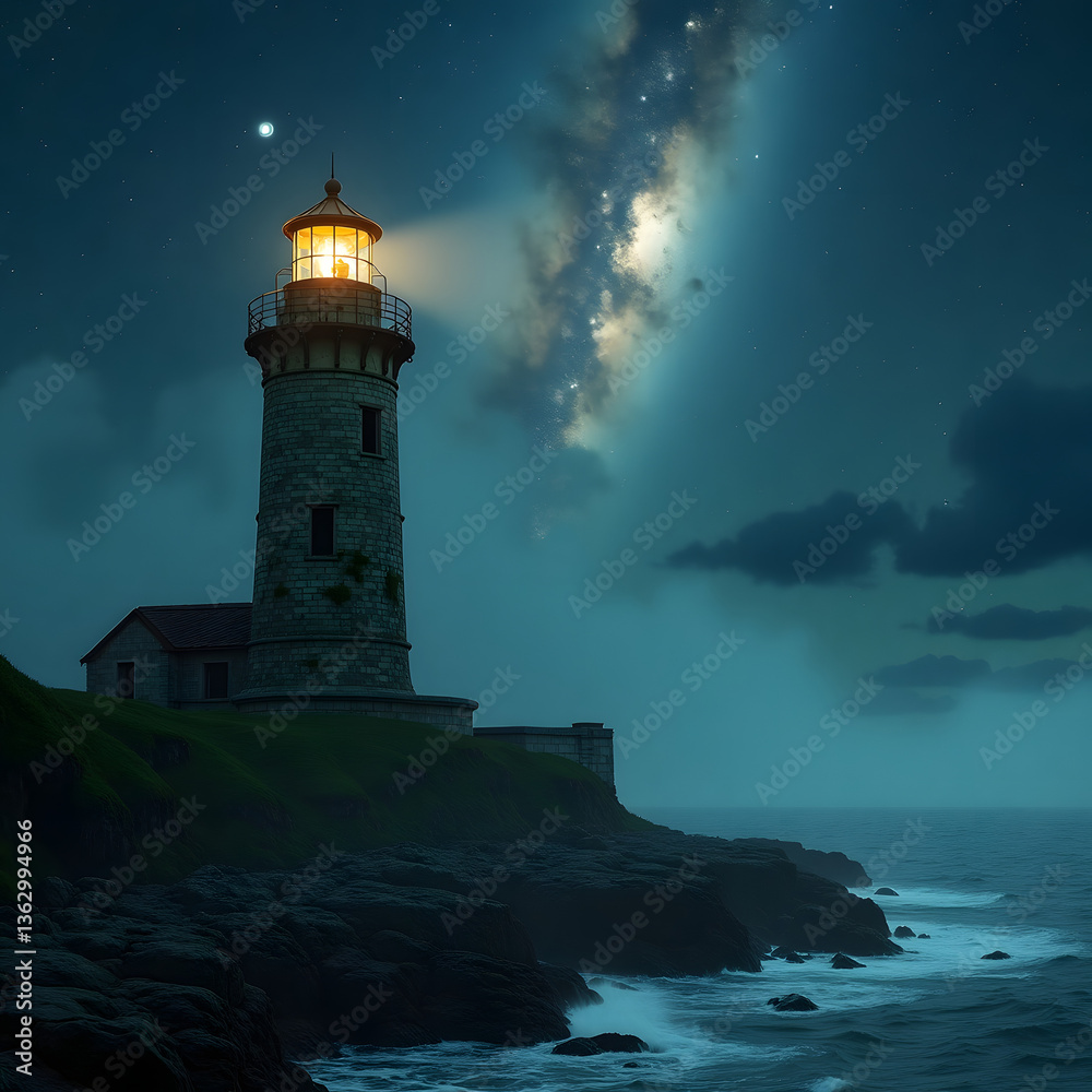 Starry Night Over Abandoned Lighthouse, Milky Way Beam, Hauntingly Beautiful Starry Night Over Abandoned Lighthouse, Milky Way Beam, Hauntingly Beautiful