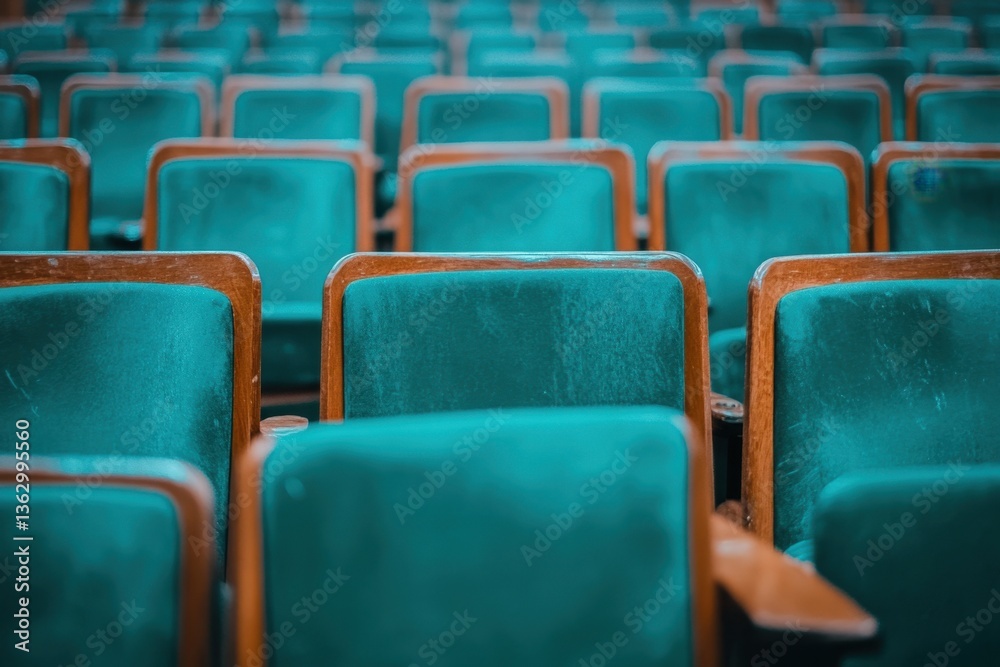 Fototapeta premium Rows of Empty Teal Velvet Seats in a Theater Auditorium Showing Repetition and Symmetry with a Close Up Camera Angle Creating an Atmospheric Mood