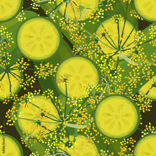 Vector seamless pattern with pickles and sprigs of blooming dill on dark-green background